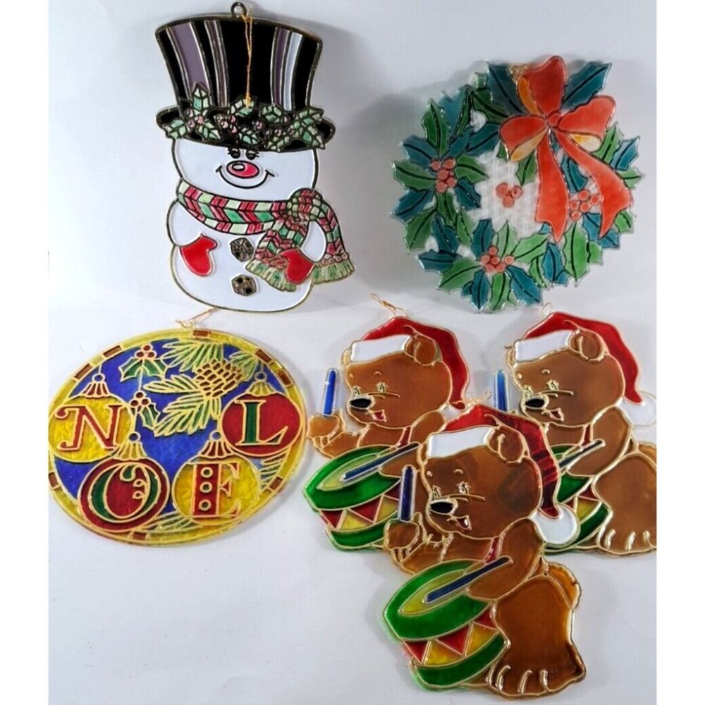 Christmas Suncatchers Window Hangers Plastic Stained Glass Style Bears Snowman